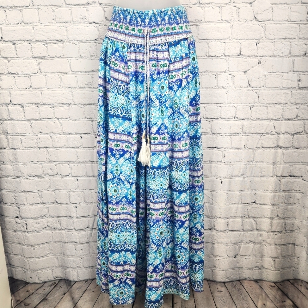 Women's Blue Patterned Wide-Leg Pants